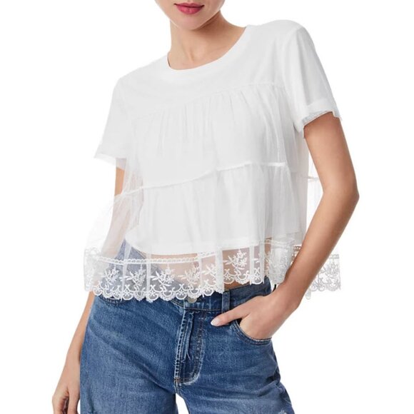 Womens Alice + Olivia Dreema White Tulle Lace Layered Top Blouse Sleeve L - Picture 1 of 10
